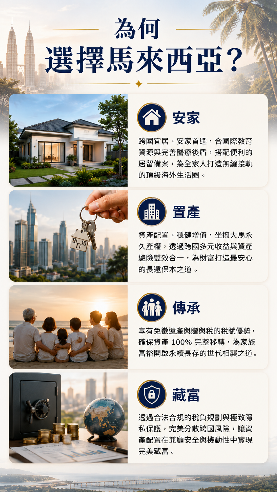 為何選擇馬來西亞?第二家園2ndHome整理四大海外規劃優勢,包含安家、置產、傳承與藏富,涵蓋長期居留、跨國置產、國際教育、醫療資源、資產配置、合法節稅、財富傳承及風險分散,協助台灣家庭規劃海外第二家園與國際資產布局。